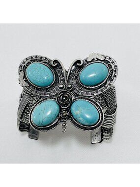 Blue Butterfly Gemstone Bracelet Bangle Cuff Silver Open Hippie Boho Retro Wide
